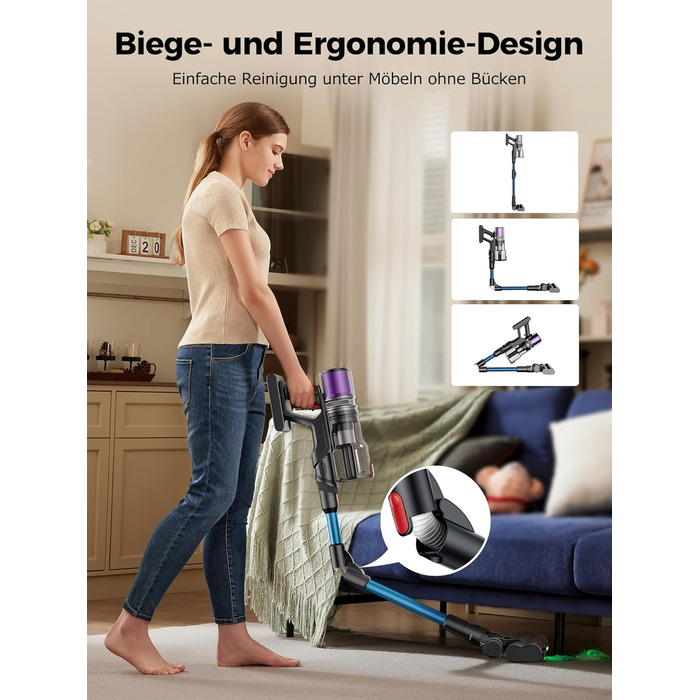 Бездротовий пилосос Proscenic P16: акумуляторний, 550W, 65 хв роботи, гнучкий згин, GreenEye, антизаплутувальна насадка, для килимів, твердих поверхонь, шерсті тварин, синій