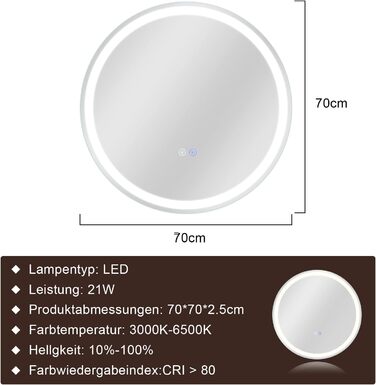 Дзеркало для ванної кімнати Mursche з підсвічуванням LED, 50x70 см, IP44, сенсорний вимикач, годинник, антизапарник, регулювання яскравості 3000K-6500K