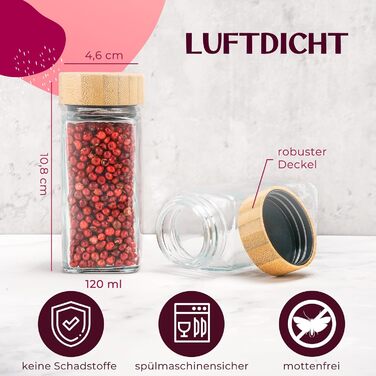 Набір баночок для спецій з дозатором [24 x 120 мл] з етикетками | Баночки для спецій з бамбуковими кришками, органайзер для зберігання, 24 шт.