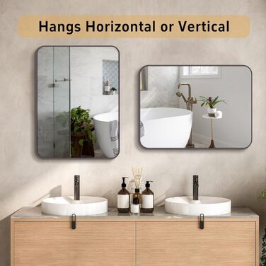 Дзеркало для ванної кімнати на стіну з округлим прямокутним дизайном та коричневим металевим каркасом. Підходить для ванної, передпокою, вітальні, спальні. Вертикальна або горизонтальна орієнтація. Розміри: 91.4 x 61 см, колір: брашований титан.