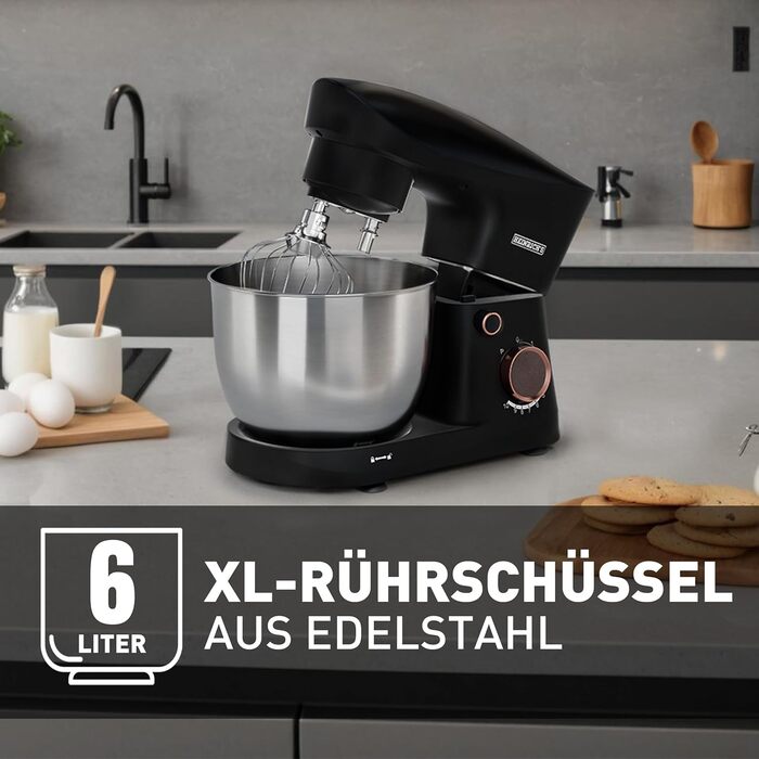 Кухонна машина Heinrichs 1500W з місткою чашею 6L з нержавіючої сталі, 10 швидкостей, набір насадок (міксер, гак для тіста, вінчик)