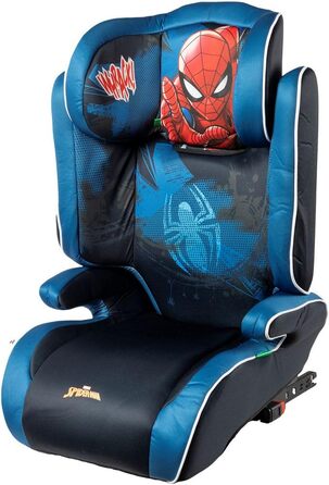 Автокрісло Marvel Spiderman з кріпленням ISOFIX для безпеки дитини зростом від 100 до 150 см з зображенням супергероя Людини-павука на синьому тлі