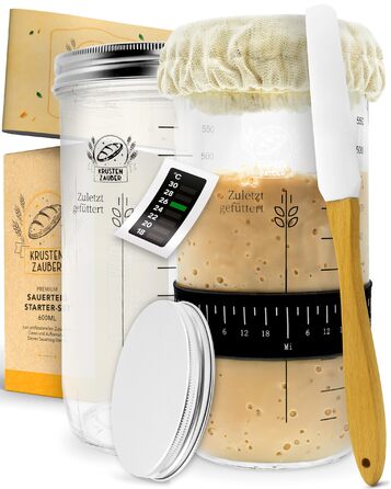 Набір для закваски Krustenzauber: 1000 мл скляний посуд для бродіння з лопаткою та термометром - аксесуари для випікання хліба, скляна тара для закваски, ферментація, набір для закваски Sourdough Starter Kit