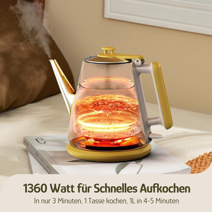 Електричний чайник Hazel Quinn, 1 л, ретро-дизайн, з нержавіючої сталі 304, 1360W, білий перламутровий (жовтий з квітковим візерунком), BPA-free, автоматичне вимкнення