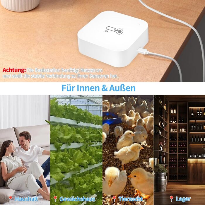 Термогігрометр Wi-Fi WIOONI з LCD-дисплеєм, 3 сенсори + 1 база, сумісний з Tuya/Smart Life