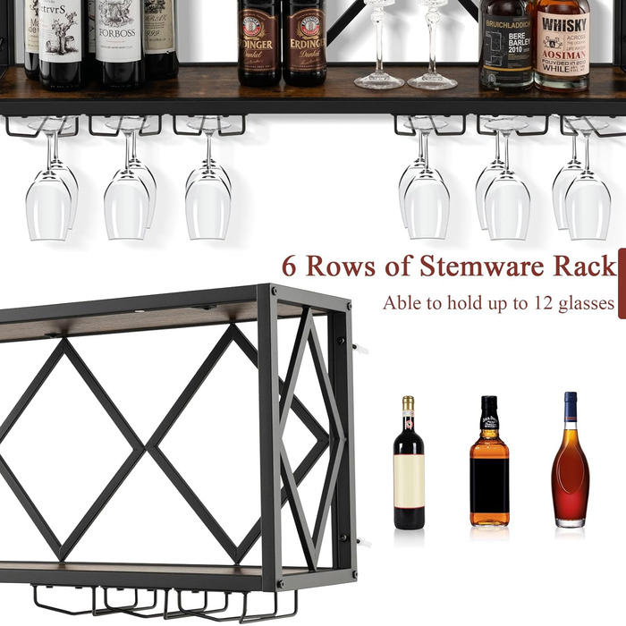 Стильна полиця для вина Komfotteu на стіну з металевим каркасом, з тримачем для келихів, 100 x 25 x 45 см