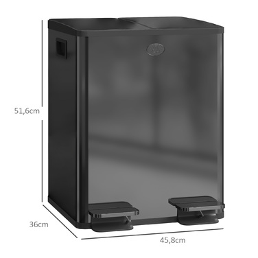 2 відра для сміття об'ємом 20 літрів, з педальним відкриванням, легко миються, з нержавіючої сталі та пластику, чорного кольору