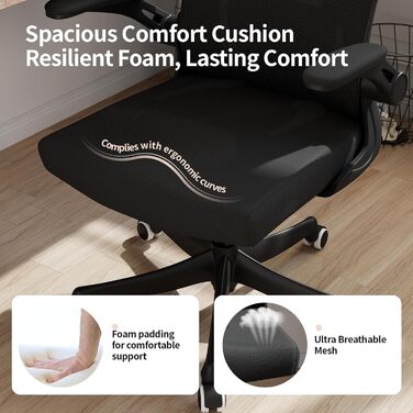 Офісний крісло Monhey з регулюванням висоти, поворотне, з відкидними підлокітниками, дихаюча сітка, регульована підголовник та інтелектуальна підтримка попереку – для дому та офісу (чорний)
