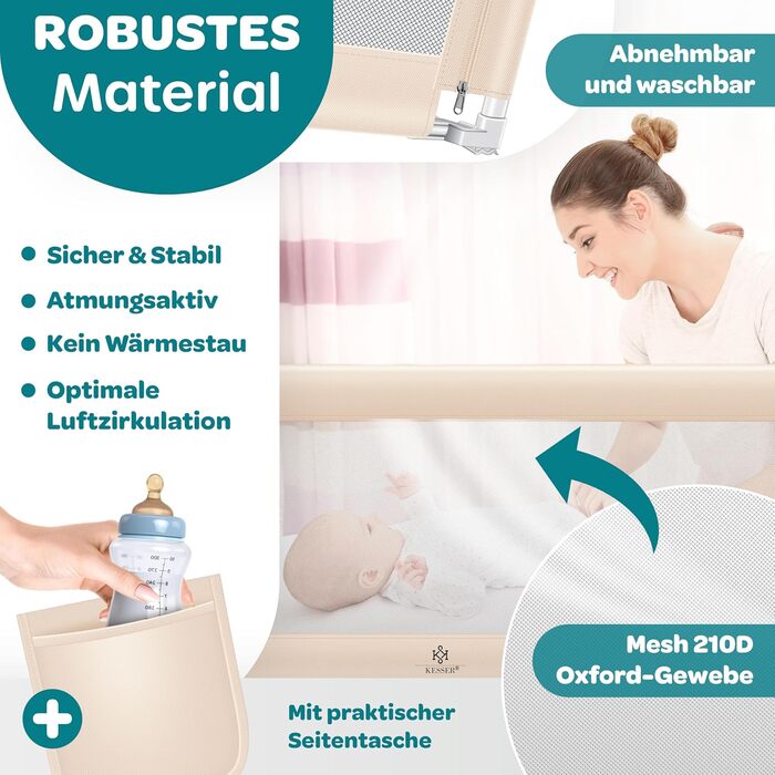 Захисний бортик для ліжка KESSER® 150 см, сітчастий, складаний та регульований по висоті, захист від випадання для дітей та немовлят, бежевий