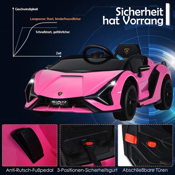 Дитячий електромобіль Lamborghini 12V COSTWAY з пультом, MP3, музикою, LED-фарами, рожевий, для дітей 3-8 років