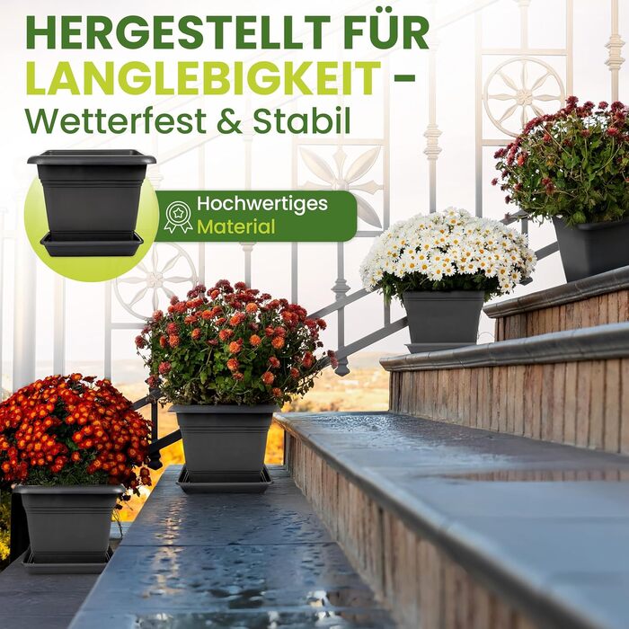 Набір з 3 великих пластикових горщиків для квітів на вулицю, 40x40 см, з підставкою, модель Don, виготовлено в Німеччині, антрацит