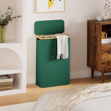 Кошик для білизни Youdenova з кришкою, 48л, вузький, з мішком, сортувальник, бамбук, білий