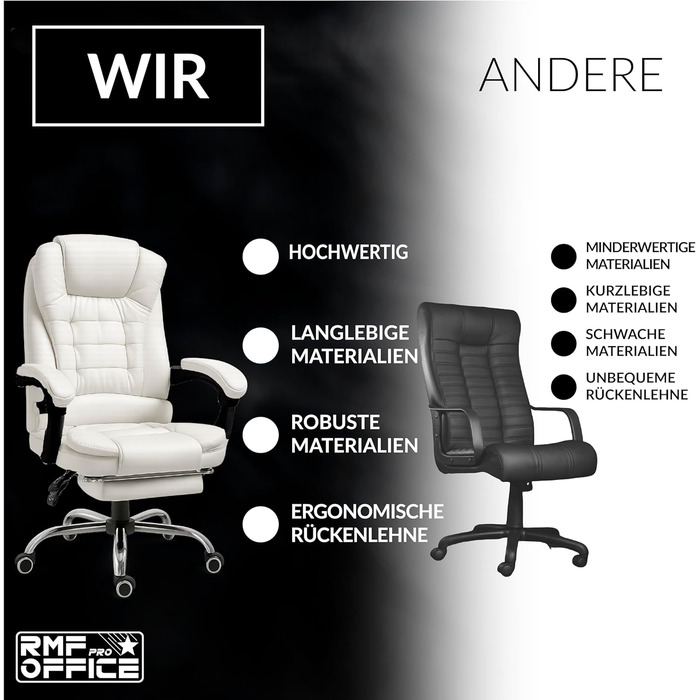 Ергономічне крісло для офісу RMF, регульоване, зручне та розслаблююче - крісло з підніжкою, обертається, регулюється по висоті, біле