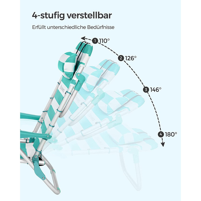 Пляжне крісло SONGMICS, Крісло для кемпінгу, Складаний стілець, Відкритий стілець, Портативний, з плечовими ременями, Складний, Регульована спинка, З Підголівником, Підлокітники, 2 бічні кишені, Синьо-білий GCB62BU (Зелений Білий)