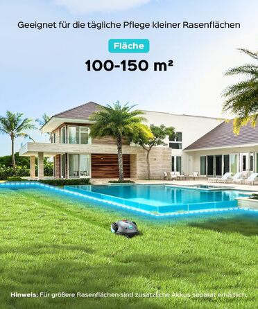 Робот-газонокосилка V100 без обмежувального кабелю з камерою, уникнення перешкод, навігація Vision, акумулятор 4 Ah, 150㎡, запасні леза, спіральне косіння, сірий колір