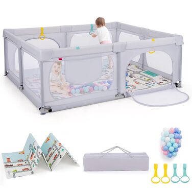 Дитячий манеж COSTWAY Laufstall з матрацом 189 x 158 см, з 50 м'ячиками та 4 ручками. Манеж-ігровий центр з дихаючим мережем для малюків (Світло-сірий)