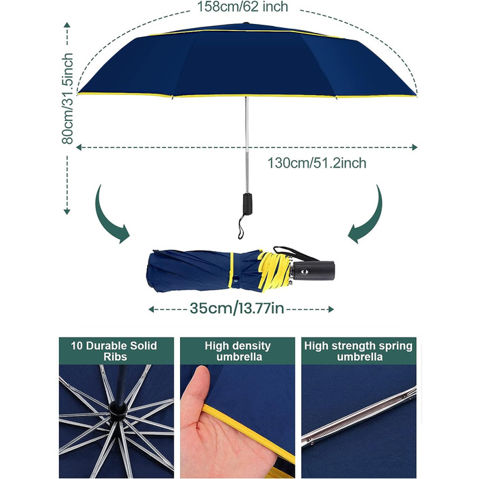 Автоматична парасолька Kalolary Парасольки для гольфу Надзвичайно великі, складні парасольки для гольфу Штормовик Вітрозахисний водонепроникний подвійний навіс Парасолька для сонця Синій