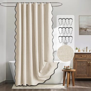Шторка для душу MIULEE 120x200 см, льонова текстура, бежева, з чорною окантовкою, водонепроникна, антигрибкова, з 8 кільцями, для ванної кімнати