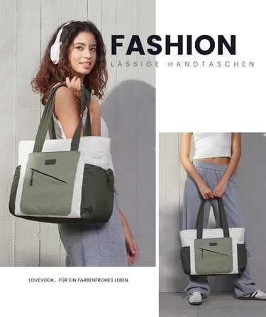 Сумка-шопер LOVEVOOK для жінок: велика, легка, для ноутбука 15,6/17,3 дюймів, робоча/університетська, для роботи, навчання, подорожей (бежево-зелений)