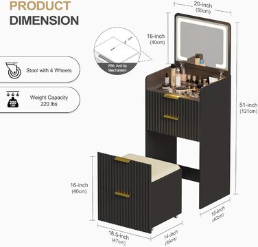 Трюмо Lvifur з LED-дзеркалом та 3 шухлядами, кутовий, для спальні, квартири, гуртожитку, білий (чорний)