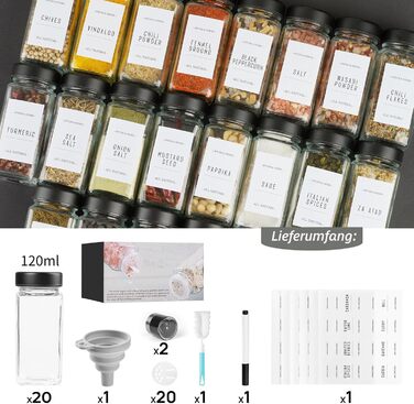 Набір скляних банок для спецій Friberg з дозатором, 20 шт. x 120 мл, з нержавіючою кришкою, чорний