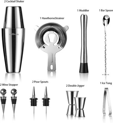 Набір шейкерів для коктейлів преміум-класу, нержавіюча сталь, 800 мл, подарунковий набір аксесуарів для бармена з 12 предметів