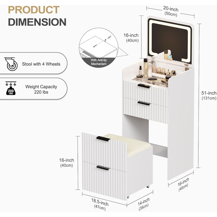 Трюмо Lvifur з LED-дзеркалом та 3 висувними ящиками, кутовий, для спальні, квартири, гуртожитку, білий