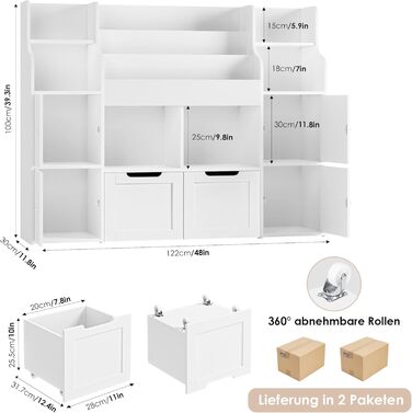 FOREHILL Дитяча полиця-стелаж для іграшок та книг, меблі для дитячої кімнати з ящиками, 122 x 30 x 100 см (білий)