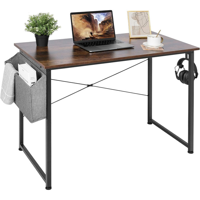 Письмовий стіл, комп'ютерний стіл з тримачем для навушників і сумкою для зберігання, стійкий робочий стіл, промисловий дизайн, стіл для ПК, невеликий офісний стіл, офісний стіл для дому, офіс (100 x 50 x 75 см, коричневий)