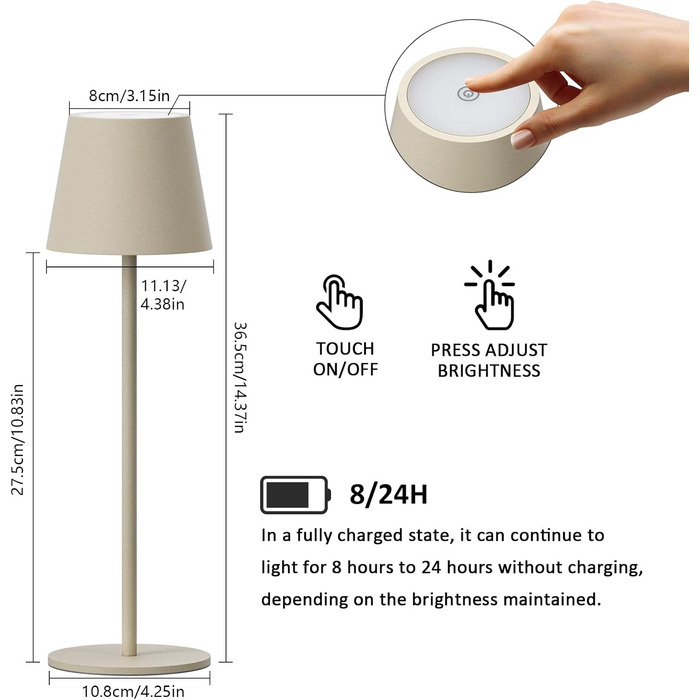 LED-лампа K-Bright на акумуляторі, 4 шт., диммування, 36.5 см, IP54, тепле світло 2700K, USB-C, бежевий