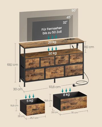 SONGMICS BELLAH: Комод, шафа, LED-підсвічування, тумба з зарядкою, індустріальний стиль, вінтажний коричневий + чорний, 7 ящиків, LGS723KD01