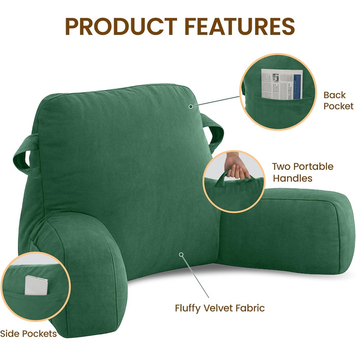 Подушка для читання та відпочинку в ліжку для дорослих, з підлокітниками, зелена