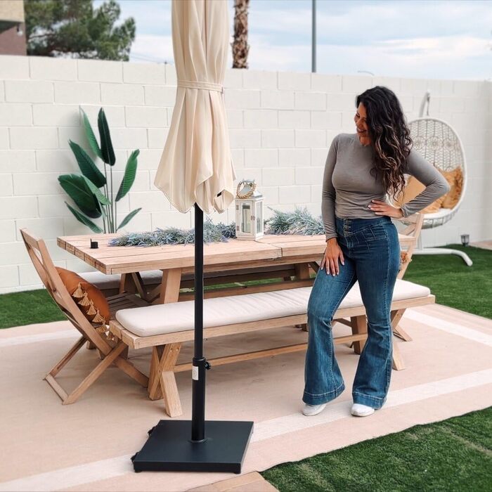 Підставка для парасольки на терасу, 18,1 кг, міцна квадратна підставка з бетону, стійка для парасольки з текового дерева (з колесами), чорна (з колесами)