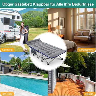 Розкладне кемпінгове ліжко з матрацом та кишенями, сталевий каркас, навантаження до 200 кг, 190x71x36 см, сіре — для кемпінгу, саду та офісу