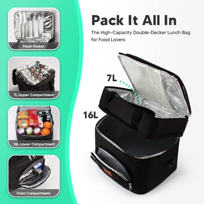 Сумка-холодильник Balladhome сумка для ланчу сумка для пікніка ізольована сумка складаний холодильник багаторазова Термальна сумка для перевезення продуктів харчування (Сірий) (Чорний-23 л, 23 л)