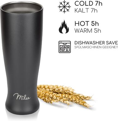 Термокухоль для пива Milu Weizenbierglas 500 мл з нержавіючої сталі з кришкою, чорний (+гравірування) - подарунок для чоловіків, тата