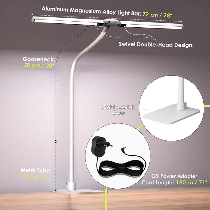 Стіл лампа з двома головками для дітей, захист очей, 16W, 72см, денне світло, диммування, пульт ДУ, лебединий шийка, матовий білий