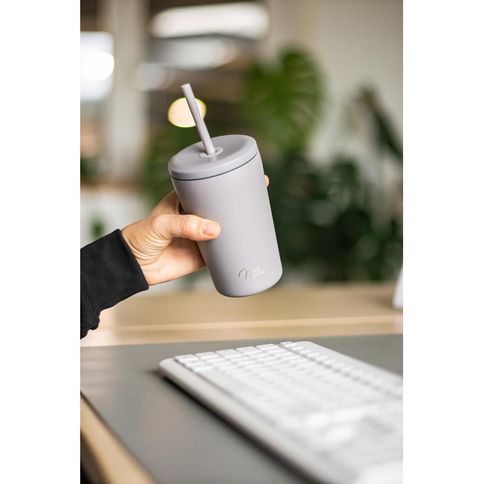 Термокружка Milu 400 мл, не протікає, з нержавіючої сталі, з трубочкою, ізольована, зберігає тепло 10 годин / холод 20 годин, без BPA (Taupe Grau)