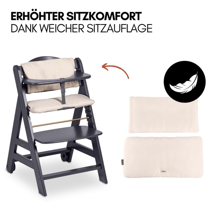 Високий стільчик для годування Hauck Beta+ Newborn Set - комплект для новонароджених, від народження з 2-в-1 люлькою-гойдалкою, подушкою для сидіння та підносом для їжі - Темно-сірий