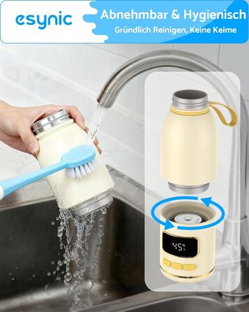 eSynic Підігрівач для пляшечок 450 мл з акумулятором 15000mAh, нержавіюча сталь 316, швидкий нагрів за 2-3 хв, для грудного молока та води, USB-C, BPA-free, для подорожей та нічного годування