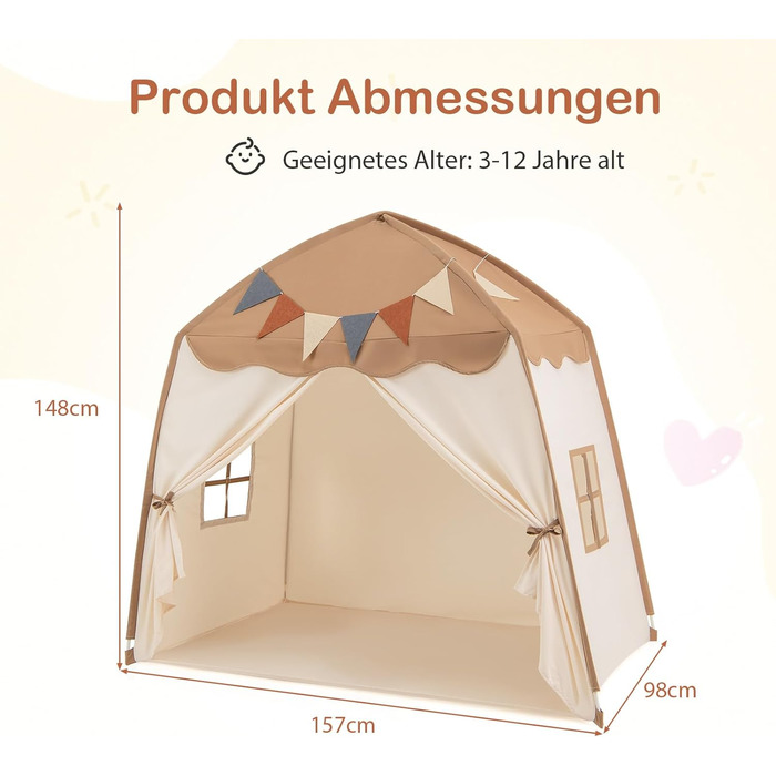 COSTWAY Ігровий будиночок для дітей, намет-палатка з прапорцями та гірляндою, намет принцеси, великий дитячий намет для хлопчиків та дівчаток від 3 років, 157 x 98 x 148 см (Коричневий)