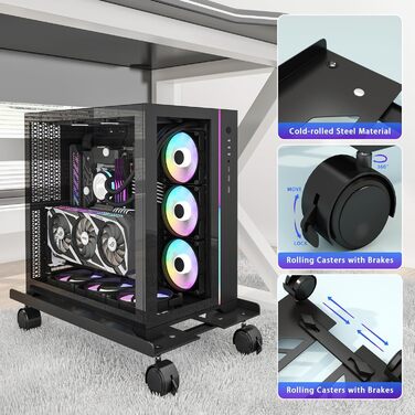 Стійка для ПК з металу, підставка для комп'ютера, регульована підставка для CPU, універсальна мобільна стійка з колесами для під столом