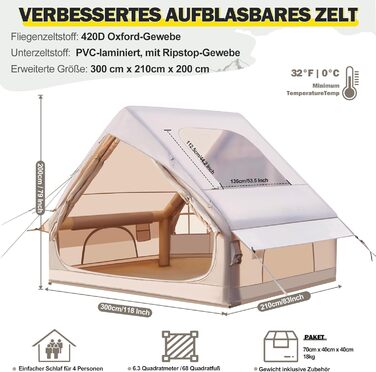 Надувний кемпінговий намет для 2-8 осіб Oxford 4 сезони з насосом - швидкозбірний водонепроникний намет (300x210x200 см, велике вікно)