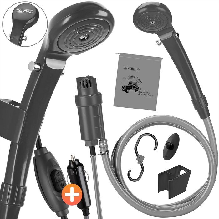 Monzana® Переносна кемпінгова душ з насосом 12V, KFZ-адаптер, сумка для зберігання, 2м шланг, 5м кабель, для авто, собак, саду, антрацит