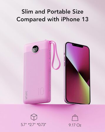 МАг, USB C, 5 виходів, 2 входи, LED-дисплей, сумісний з iPhone/Huawei/Samsung, рожево-червоний, 10000