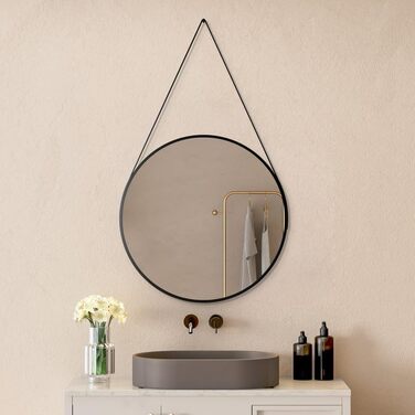 Круглий дзеркало Boromal Schwarz діаметром 40 см з реміннем, велике кругле дзеркало для ванної кімнати, спальні, вітальні, передпокою, з підвішуванням на стіну, з шкіряним реміннем