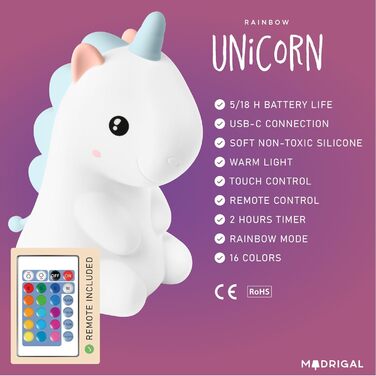 Нічник Unicorn - USB-C, пульт дистанційного керування, силікон, з можливістю затемнення, таймер, синій