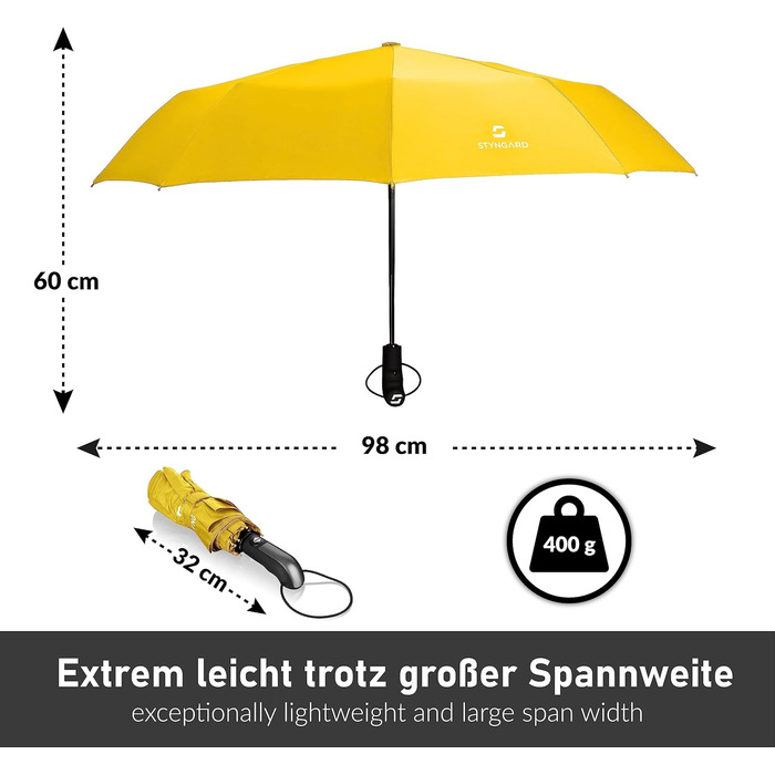 Штормозахисна парасолька STYNGARD до 140 км/год - складна парасолька з відкритою автоматичною коробкою передач, тефлон, довга ручка (жовтий)