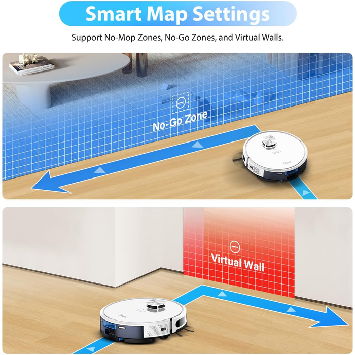 Робот-пилосос з функцією миття підлоги, LiDAR, 4000Pa, 150 хв, WLAN, заборонені зони, для шерсті домашніх тварин, килим, 9000