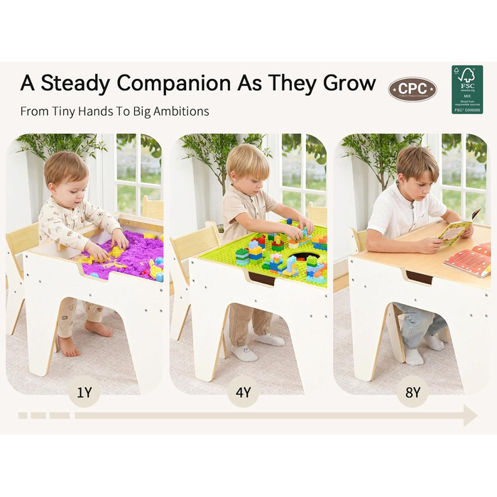 Дерев'яний дитячий набір меблів Wingyz 4-в-1: стіл, 2 стільці, стіл з місцем для зберігання. Ідеально для малювання, ігор та активностей.